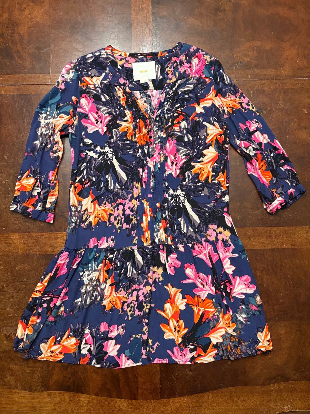 Maeve XS Navy Pink Orange Floral Tiered Button Front Dress